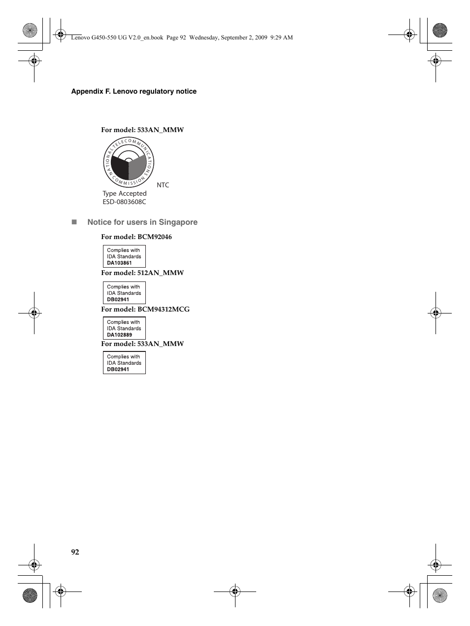 Notice for users in singapore | Lenovo G550 Notebook User Manual | Page 100 / 108