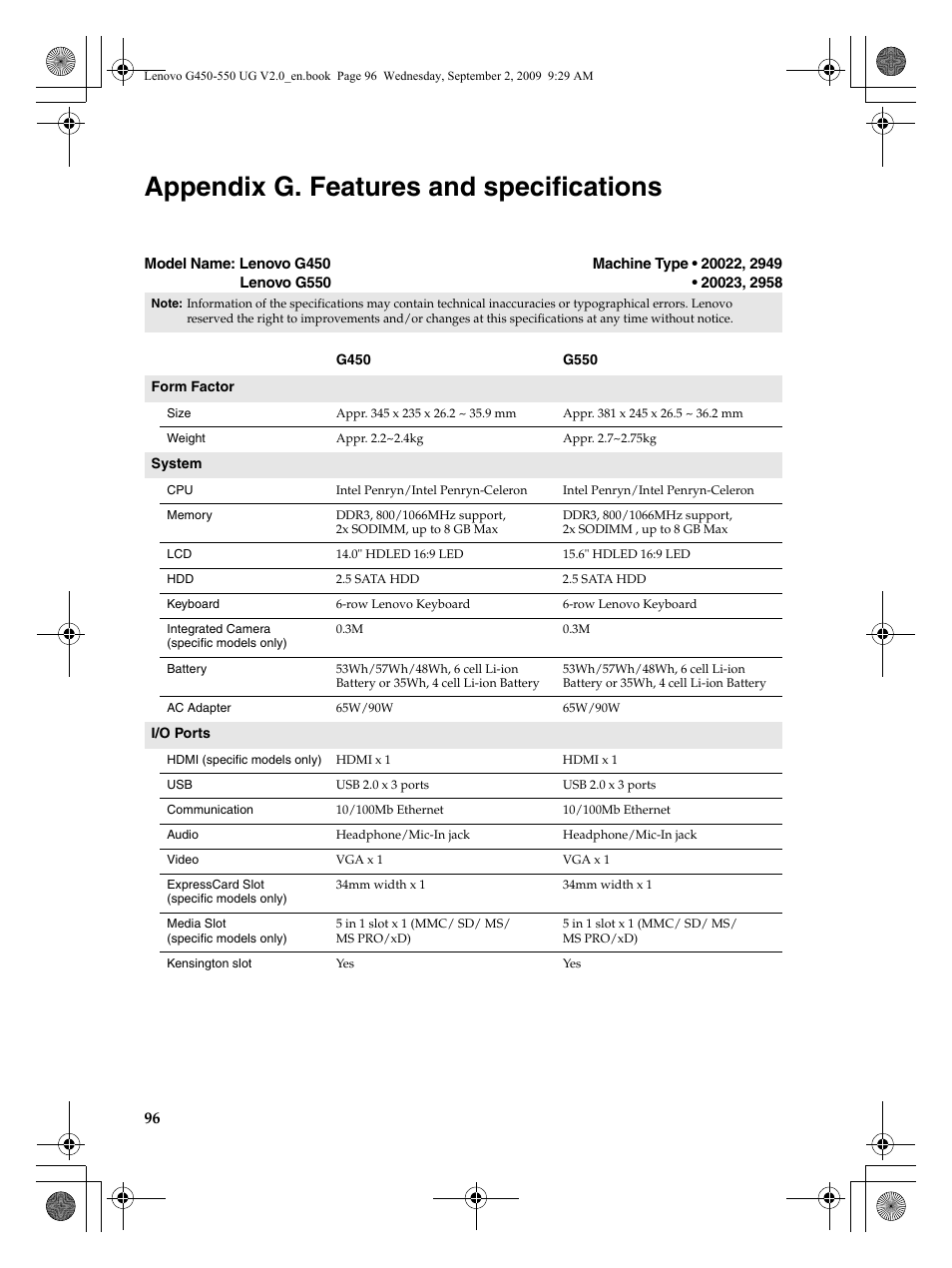 Appendix g. features and specifications | Lenovo G550 Notebook User Manual | Page 104 / 108