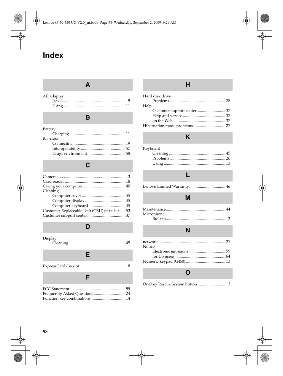 Index | Lenovo G550 Notebook User Manual | Page 106 / 108