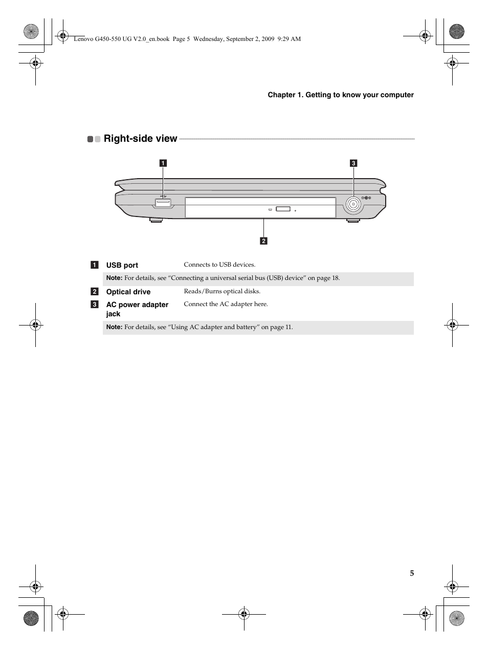 Right-side view | Lenovo G550 Notebook User Manual | Page 13 / 108