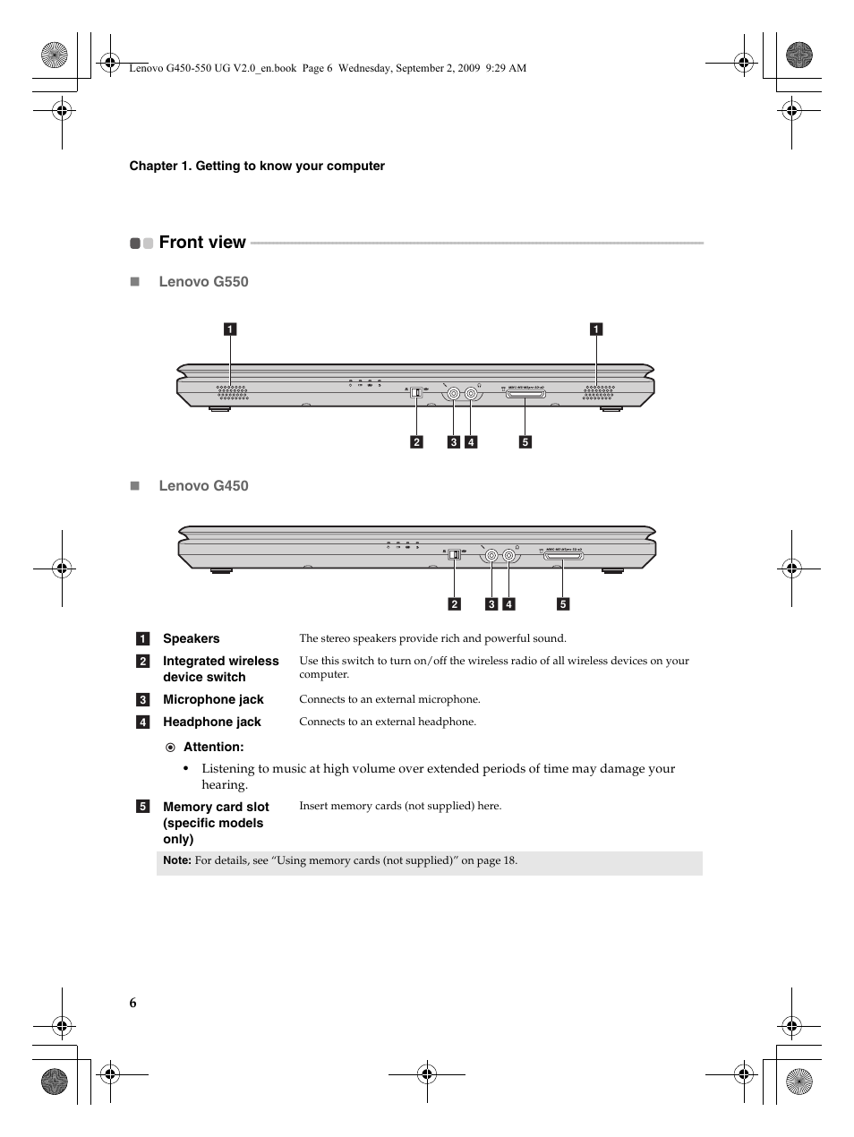 Front view | Lenovo G550 Notebook User Manual | Page 14 / 108