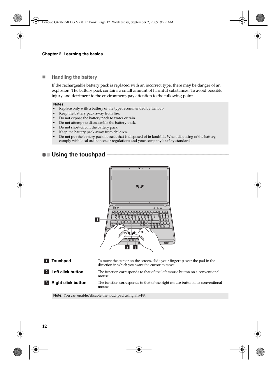Using the touchpad | Lenovo G550 Notebook User Manual | Page 20 / 108