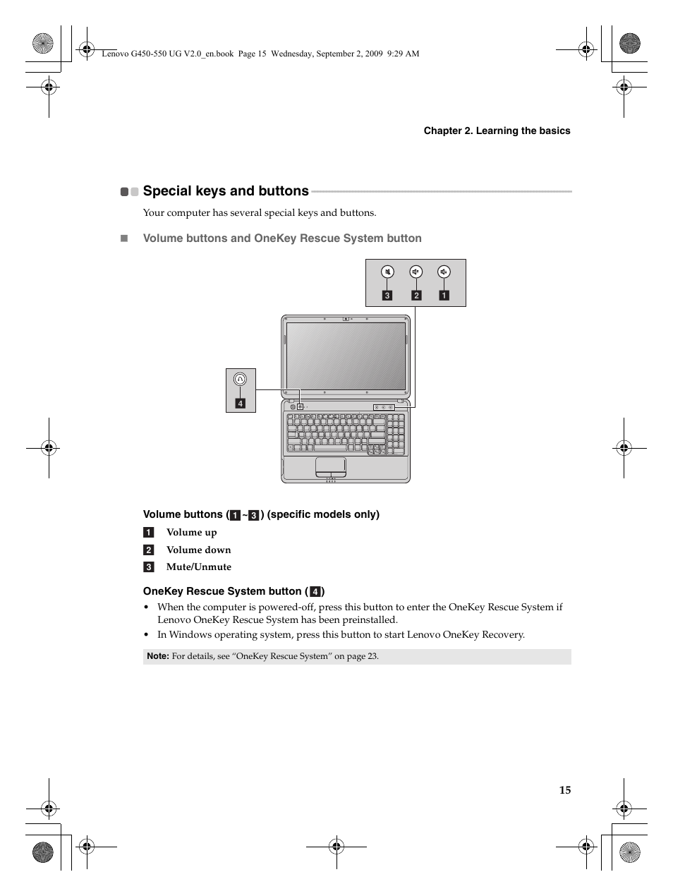 Special keys and buttons | Lenovo G550 Notebook User Manual | Page 23 / 108