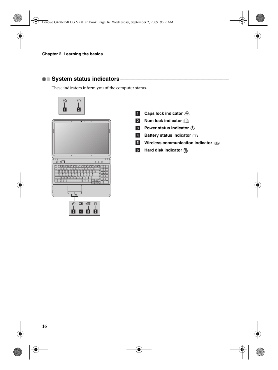 System status indicators | Lenovo G550 Notebook User Manual | Page 24 / 108