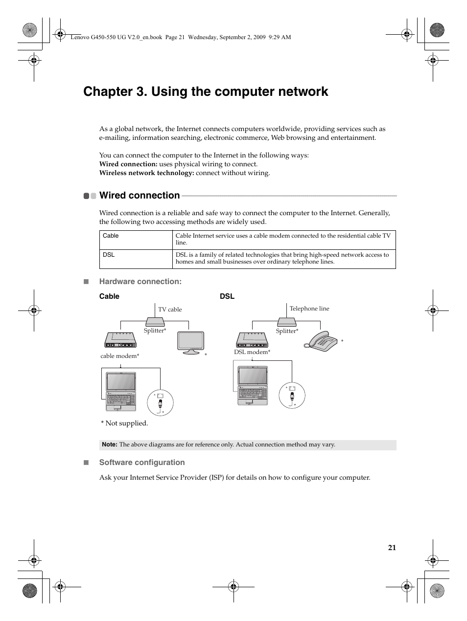 Chapter 3. using the computer network, Wired connection | Lenovo G550 Notebook User Manual | Page 29 / 108