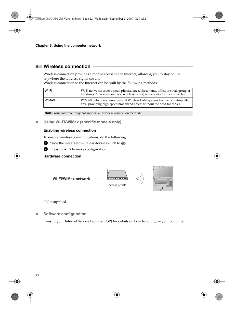 Wireless connection | Lenovo G550 Notebook User Manual | Page 30 / 108