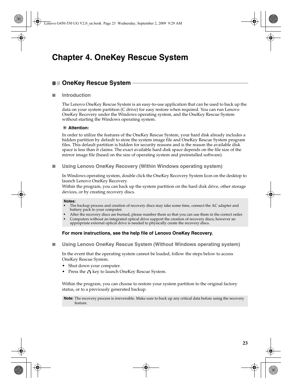 Chapter 4. onekey rescue system, Onekey rescue system | Lenovo G550 Notebook User Manual | Page 31 / 108