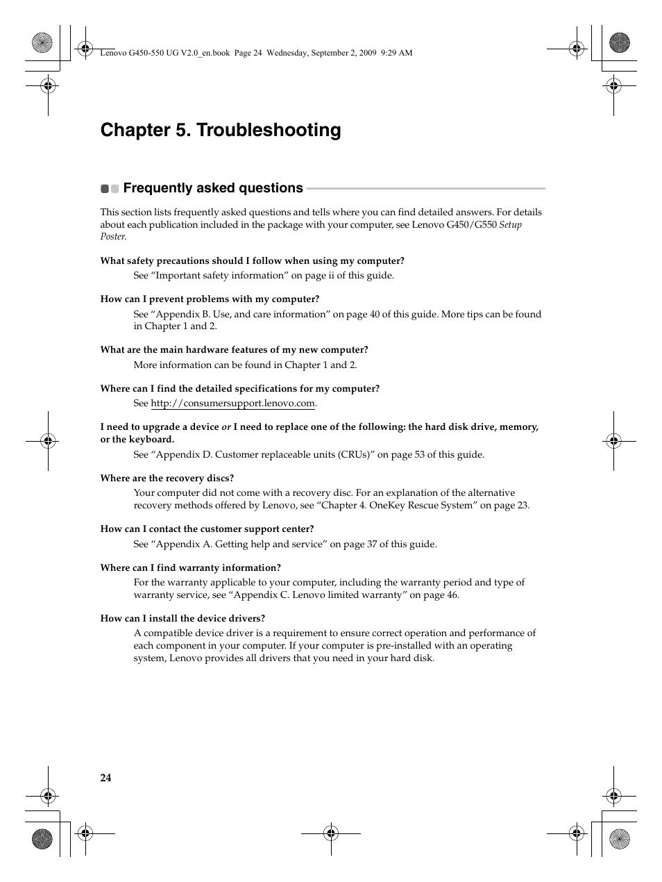 Chapter 5. troubleshooting, Frequently asked questions | Lenovo G550 Notebook User Manual | Page 32 / 108