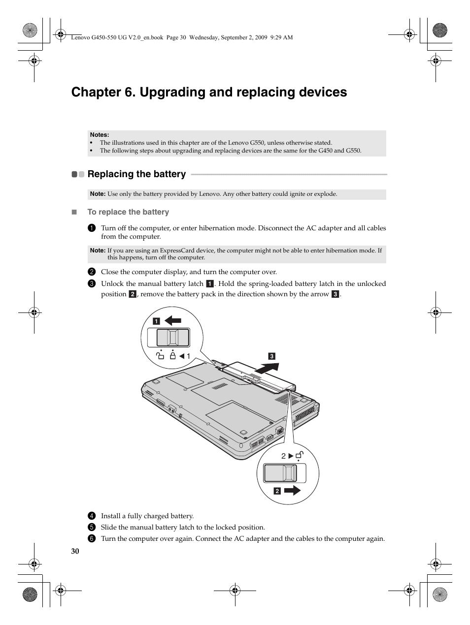 Chapter 6. upgrading and replacing devices, Replacing the battery | Lenovo G550 Notebook User Manual | Page 38 / 108