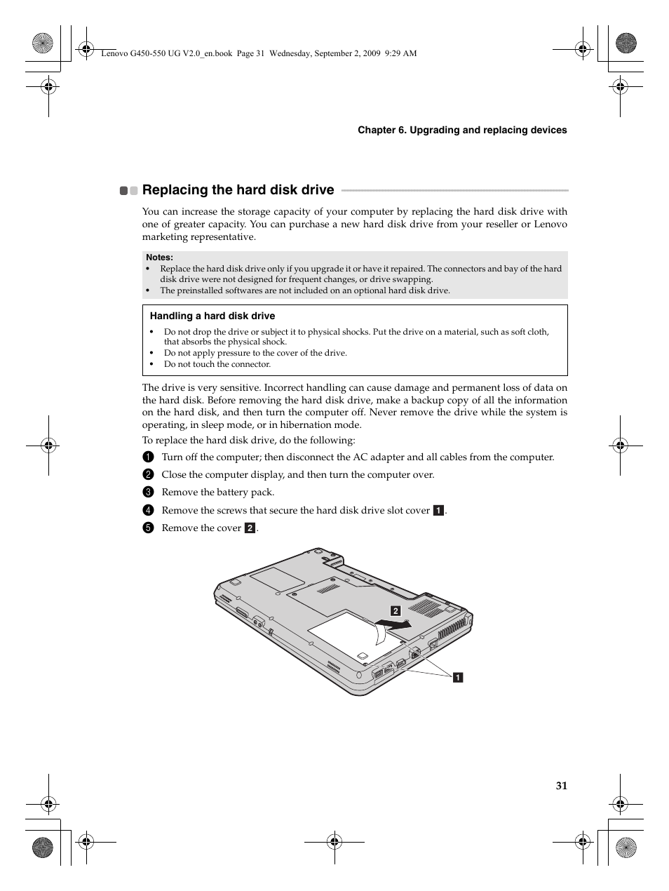 Replacing the hard disk drive | Lenovo G550 Notebook User Manual | Page 39 / 108