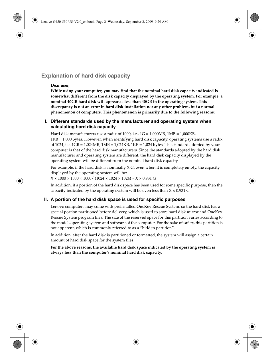 Explanation of hard disk capacity | Lenovo G550 Notebook User Manual | Page 4 / 108