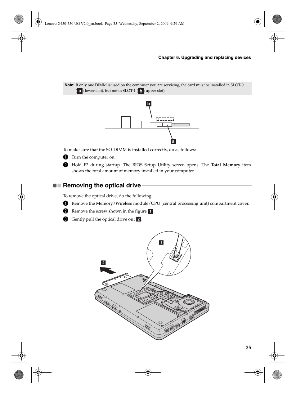 Removing the optical drive | Lenovo G550 Notebook User Manual | Page 43 / 108