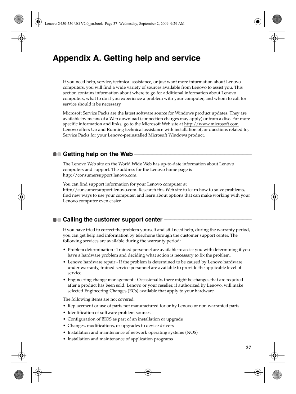 Appendix a. getting help and service | Lenovo G550 Notebook User Manual | Page 45 / 108