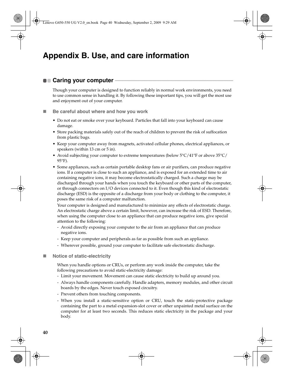 Appendix b. use, and care information, Caring your computer | Lenovo G550 Notebook User Manual | Page 48 / 108