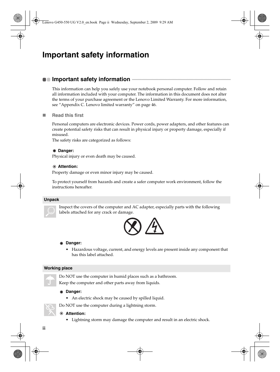 Important safety information | Lenovo G550 Notebook User Manual | Page 6 / 108