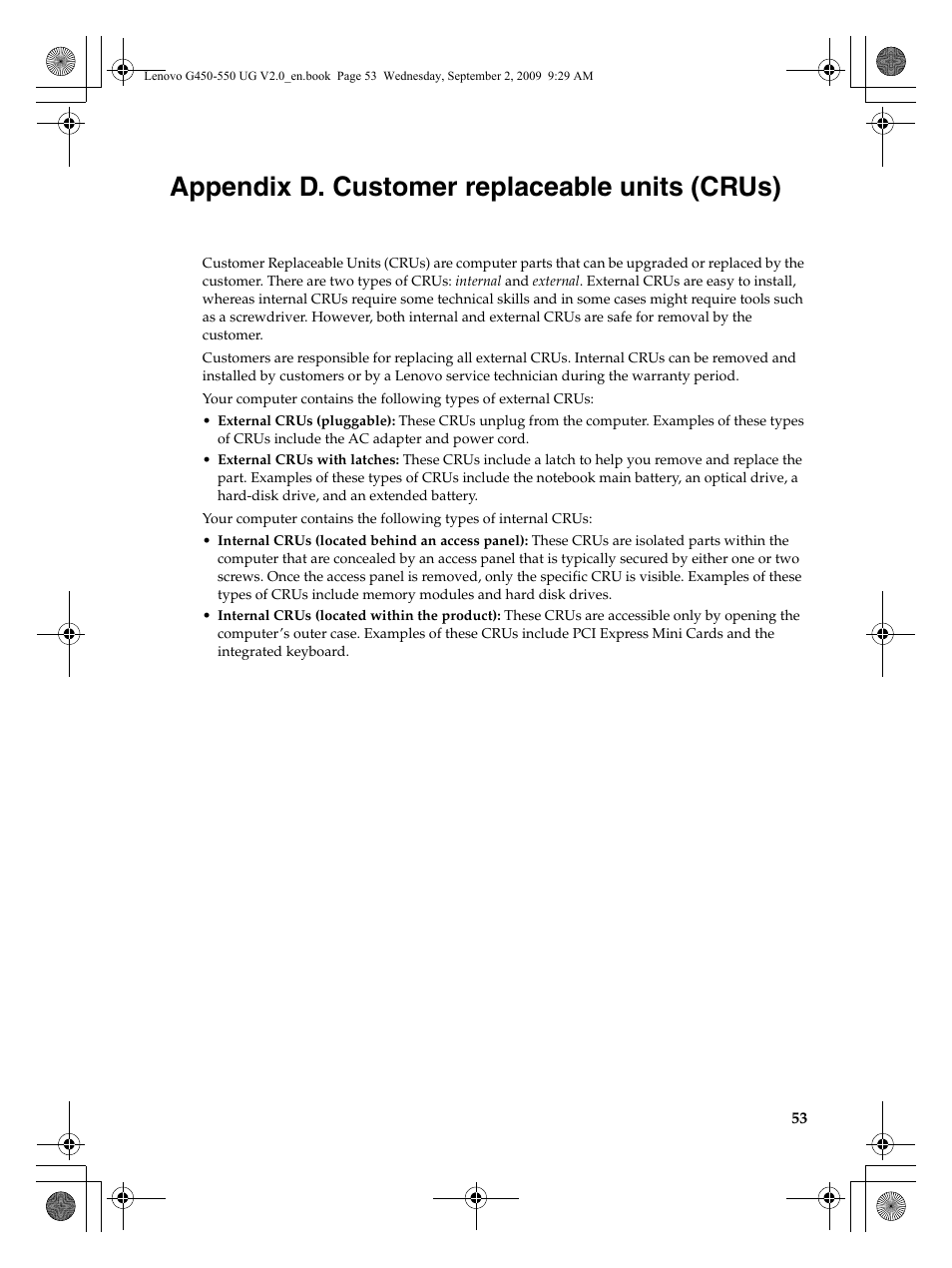 Appendix d. customer replaceable units (crus) | Lenovo G550 Notebook User Manual | Page 61 / 108