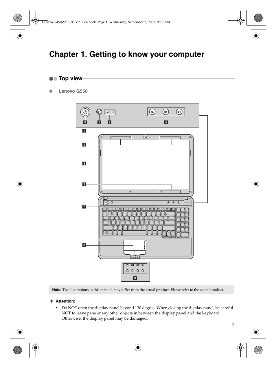 Chapter 1. getting to know your computer, Top view | Lenovo G550 Notebook User Manual | Page 9 / 108