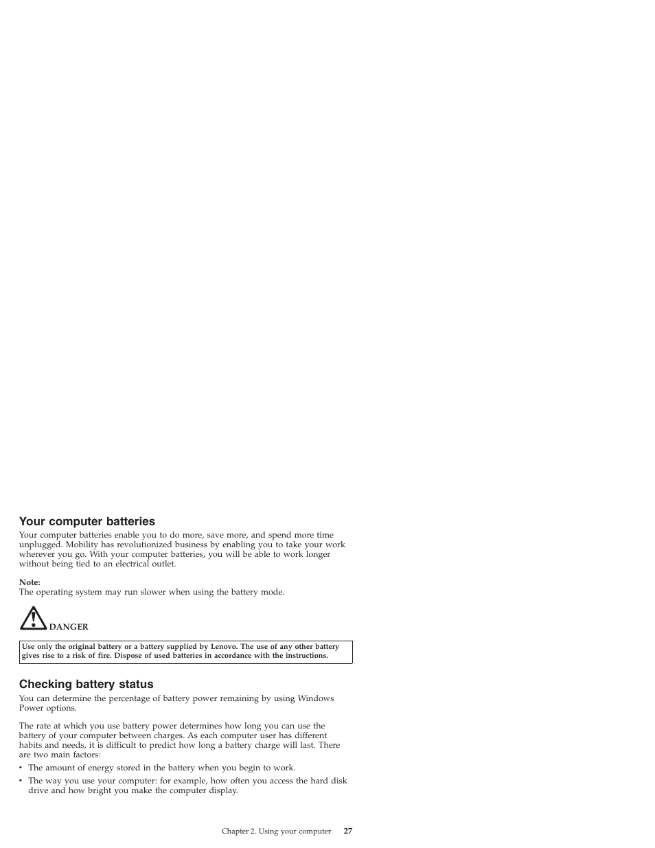 Your computer batteries, Checking battery status, Your | Computer, Batteries, Checking, Battery, Status | Lenovo IdeaPad S9e -FR User Manual | Page 35 / 176