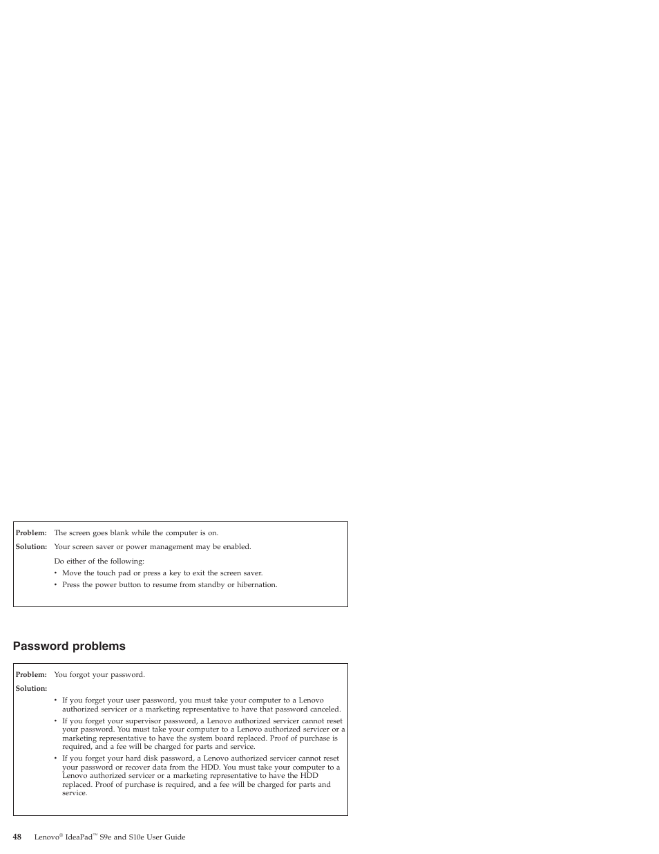 Password problems, Password, Problems | Lenovo IdeaPad S9e -FR User Manual | Page 56 / 176