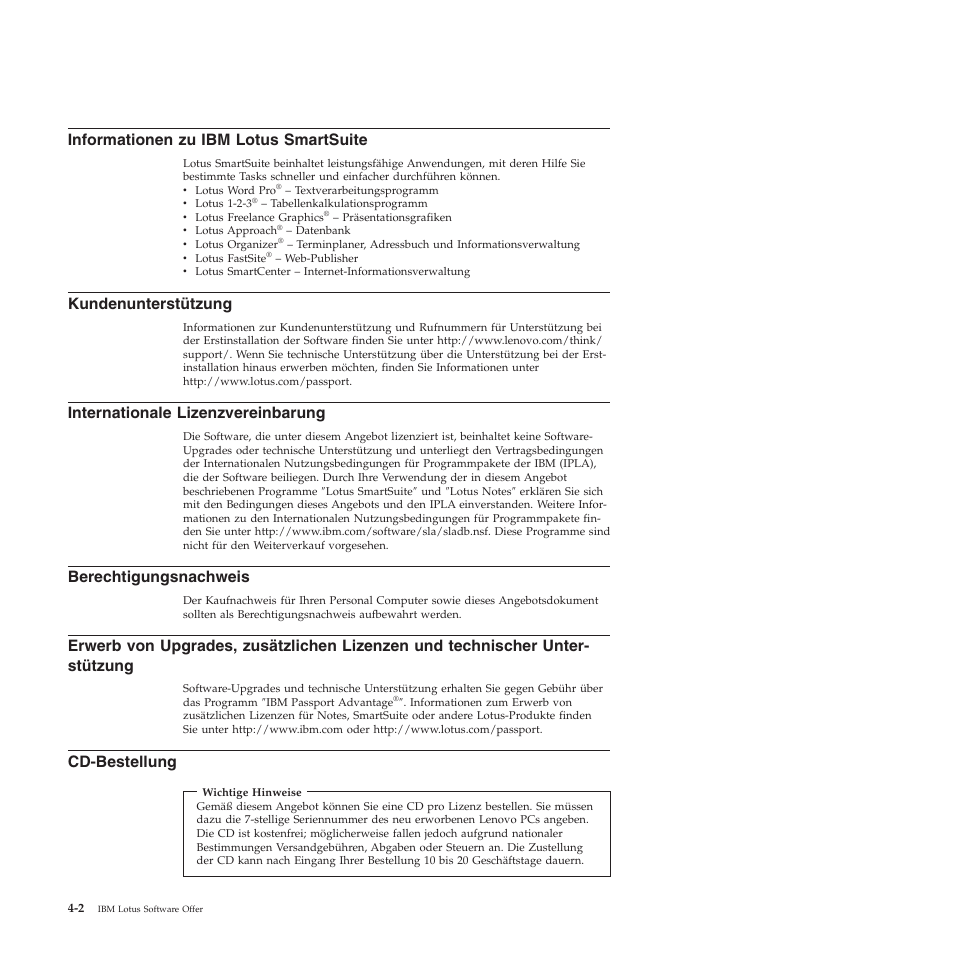 Cd-bestellung, Seite, Informationen | Lotus, Smartsuite, Kundenunterstützung, Internationale, Lizenzvereinbarung, Berechtigungsnachweis, Erwerb | Lenovo 3000 S205 Desktop User Manual | Page 17 / 100
