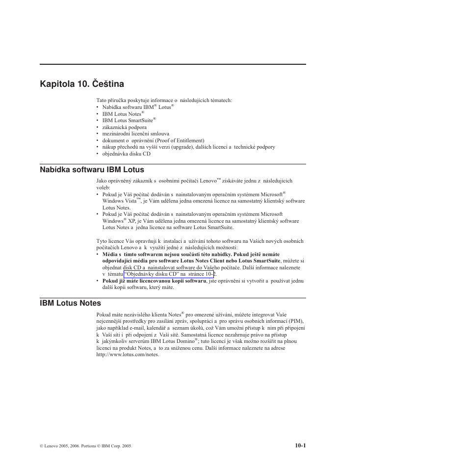 Kapitola 10. čeština, Kapitola, Čeština | Nabídka, Softwaru, Lotus | Lenovo 3000 S205 Desktop User Manual | Page 35 / 100