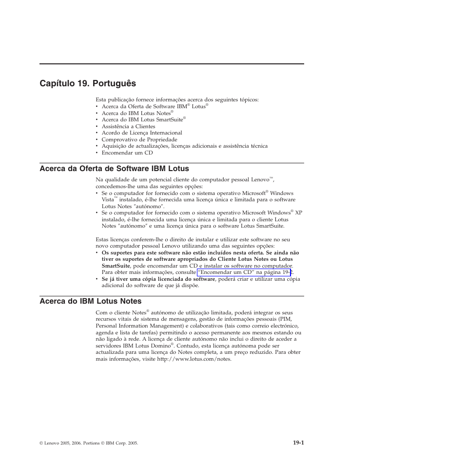 Capítulo 19. português, Capítulo, Português | Acerca, Oferta, Software, Lotus | Lenovo 3000 S205 Desktop User Manual | Page 63 / 100