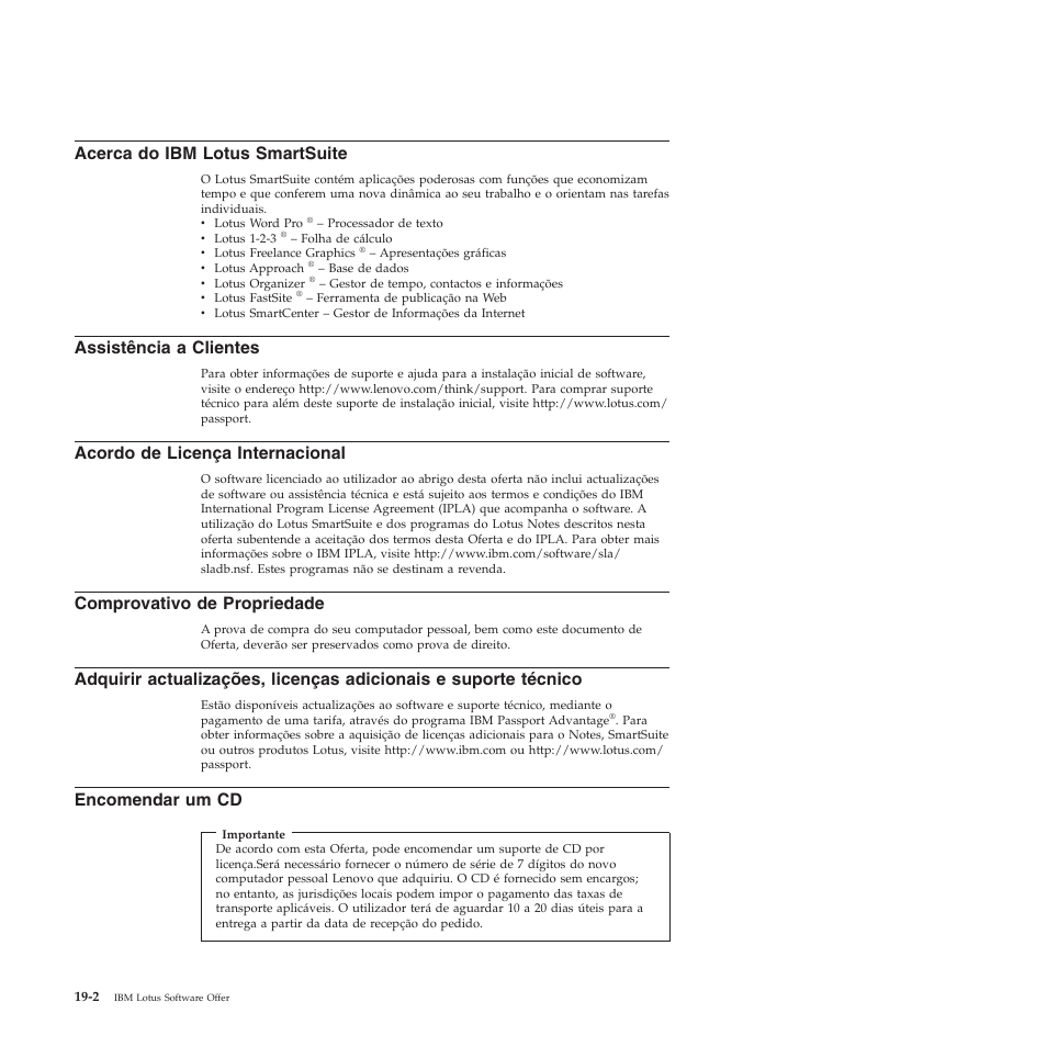 Encomendar, Acerca, Lotus | Smartsuite, Assistência, Clientes, Acordo, Licença, Internacional, Comprovativo | Lenovo 3000 S205 Desktop User Manual | Page 64 / 100