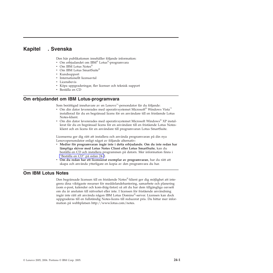 Kapitel 24. svenska, Kapitel, Svenska | Erbjudandet, Lotus-programvara, Lotus | Lenovo 3000 S205 Desktop User Manual | Page 79 / 100