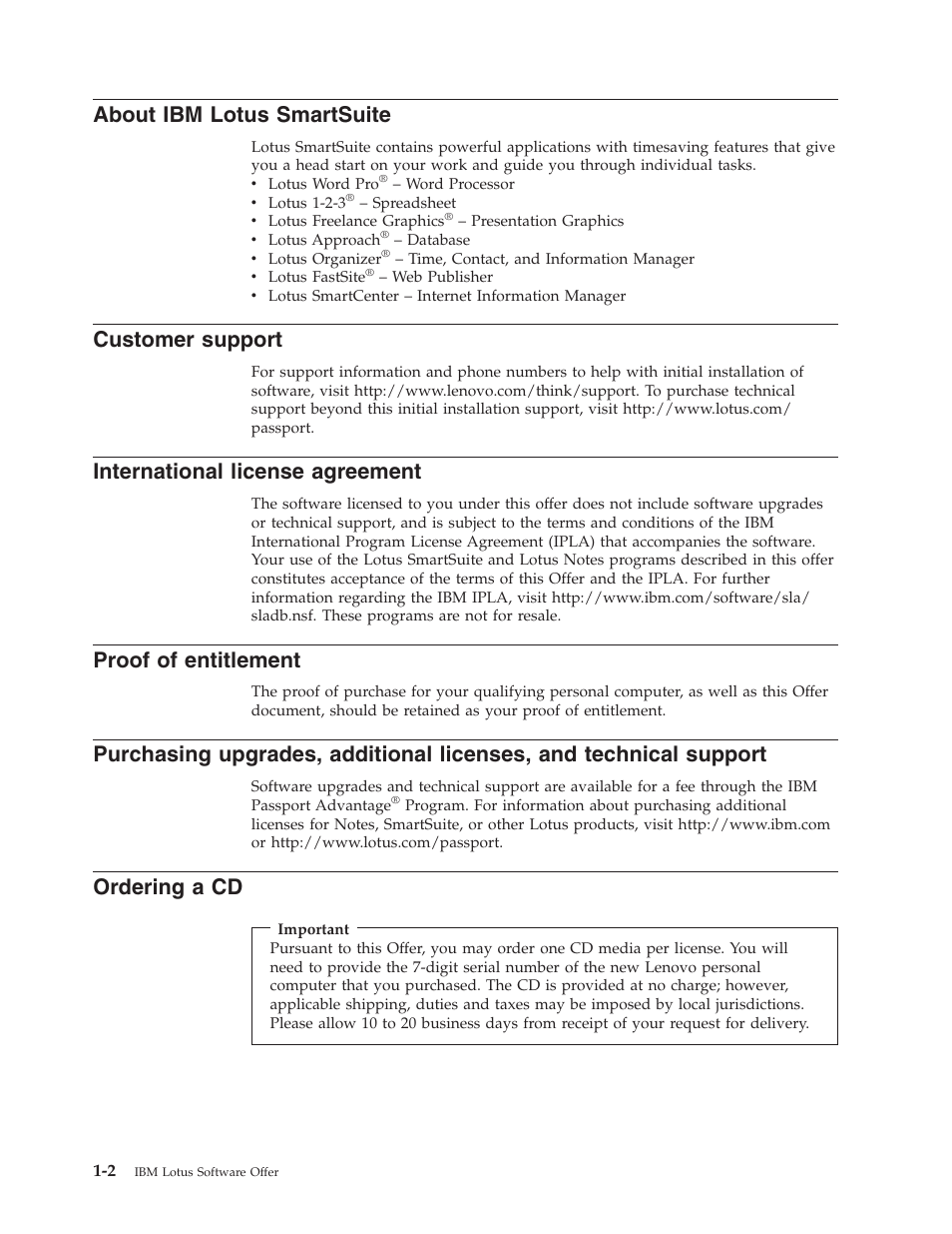 About ibm lotus smartsuite, Customer support, International license agreement | Proof of entitlement, Ordering a cd, Ordering, About, Lotus, Smartsuite, Customer | Lenovo 3000 S205 Desktop User Manual | Page 8 / 100
