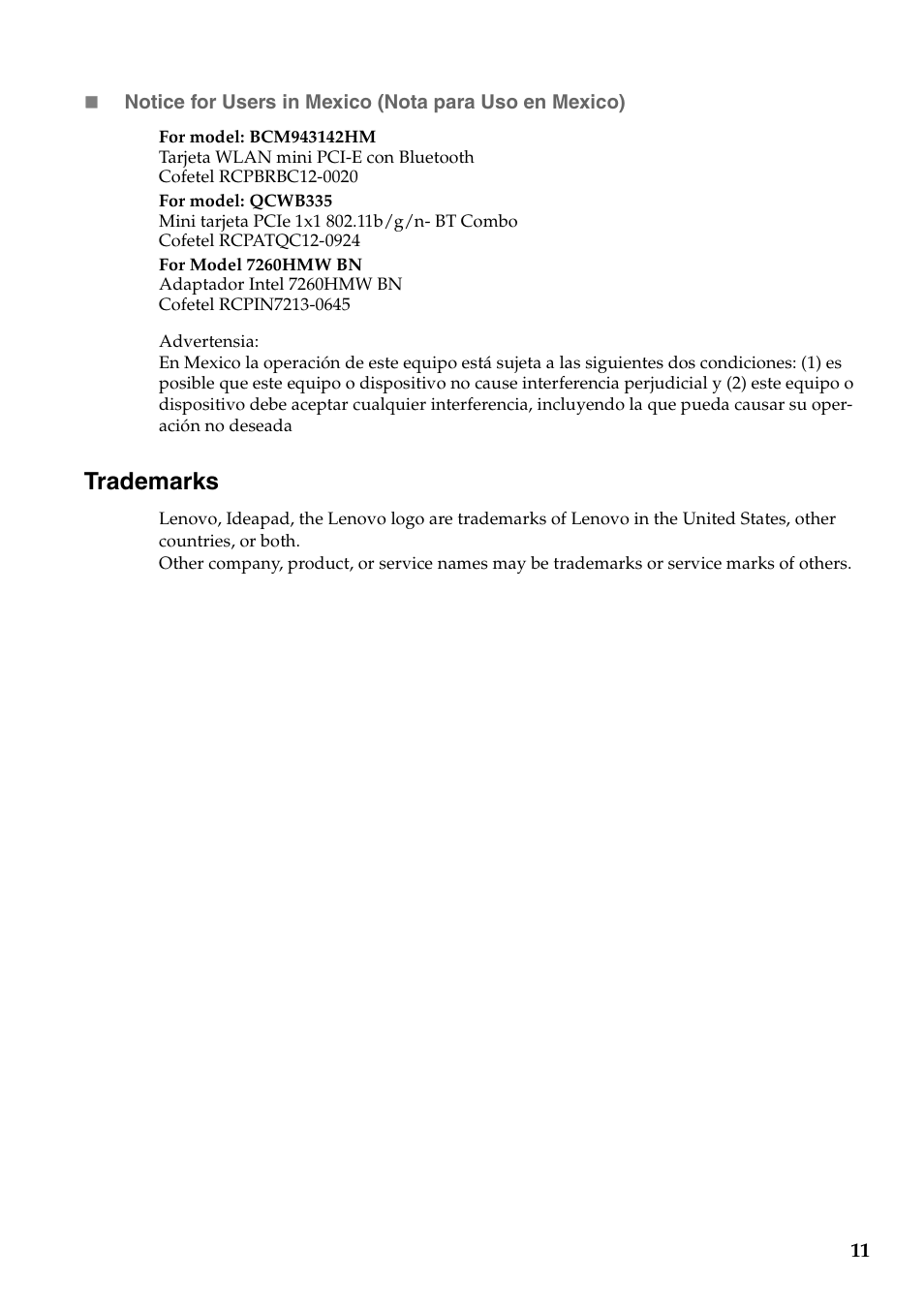 Trademarks | Lenovo Yoga 2 11 Notebook Lenovo User Manual | Page 11 / 11