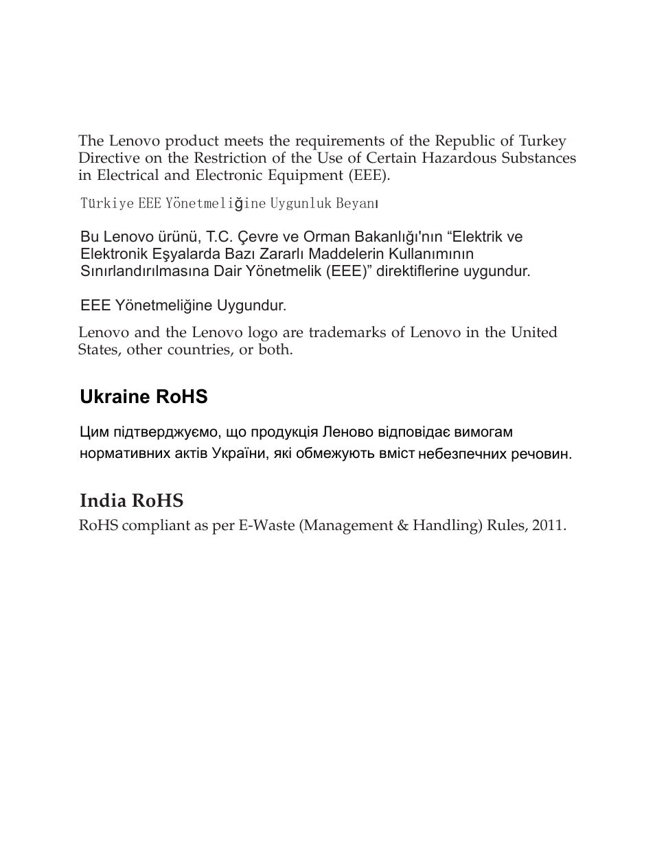 Turkish statement of compliance, Ukraine rohs, India rohs | Lenovo LI2342 Wide LCD Monitor User Manual | Page 17 / 17