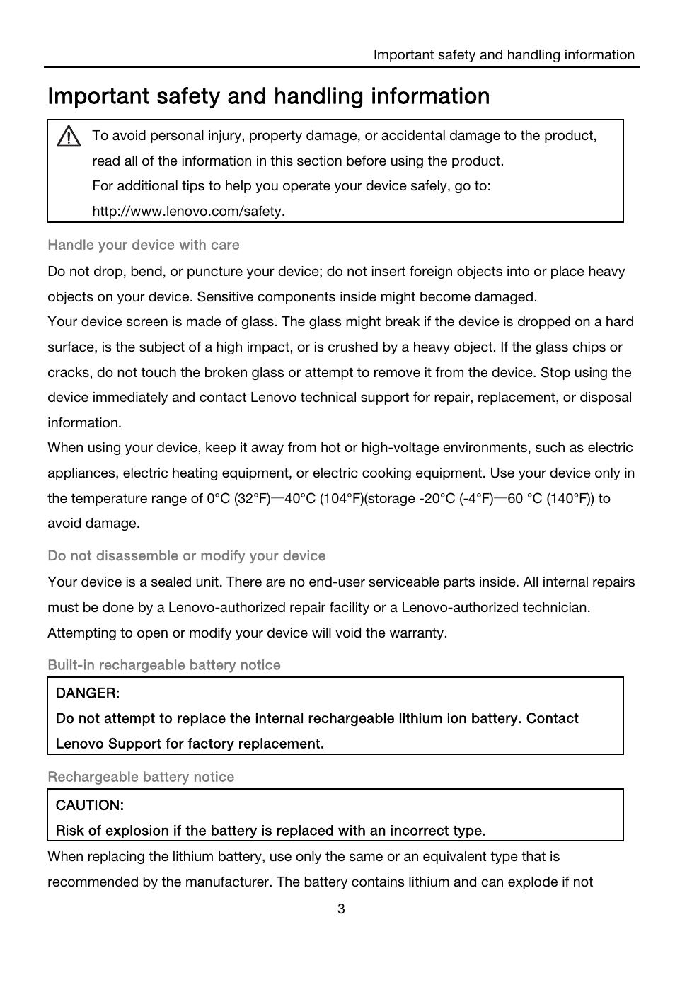 Important safety and handling information | Lenovo A7 30 Tablet User Manual | Page 5 / 23