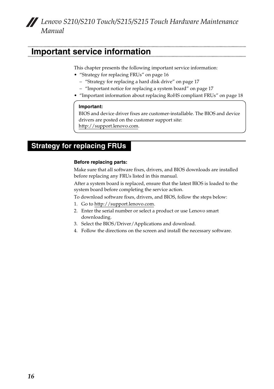 Important service information, Strategy for replacing frus | Lenovo IdeaPad S210 Touch Notebook User Manual | Page 20 / 90