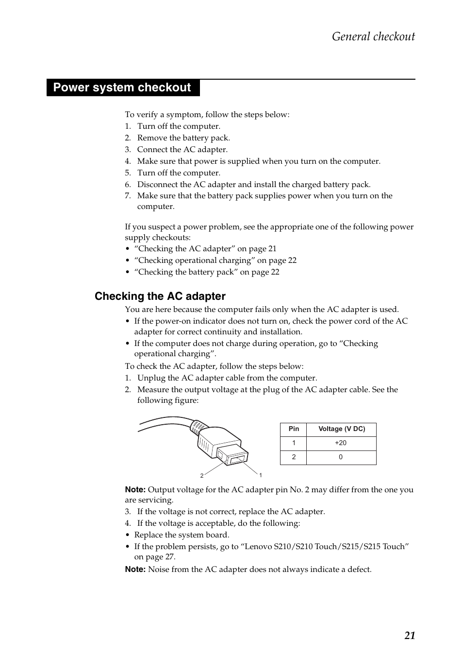 Power system checkout, Checking the ac adapter, General checkout | Lenovo IdeaPad S210 Touch Notebook User Manual | Page 25 / 90
