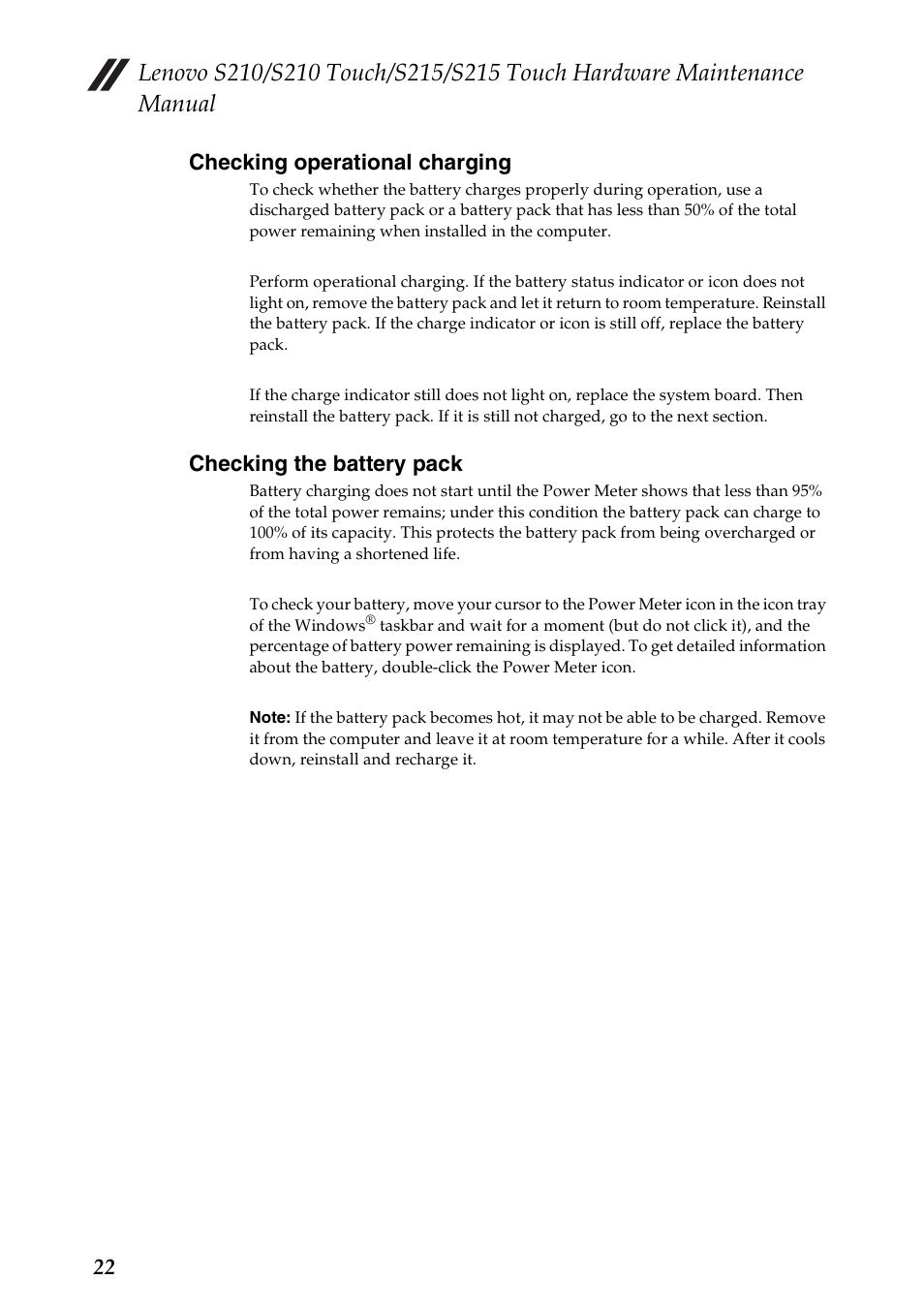 Checking operational charging, Checking the battery pack, 22 checking operational charging | Lenovo IdeaPad S210 Touch Notebook User Manual | Page 26 / 90
