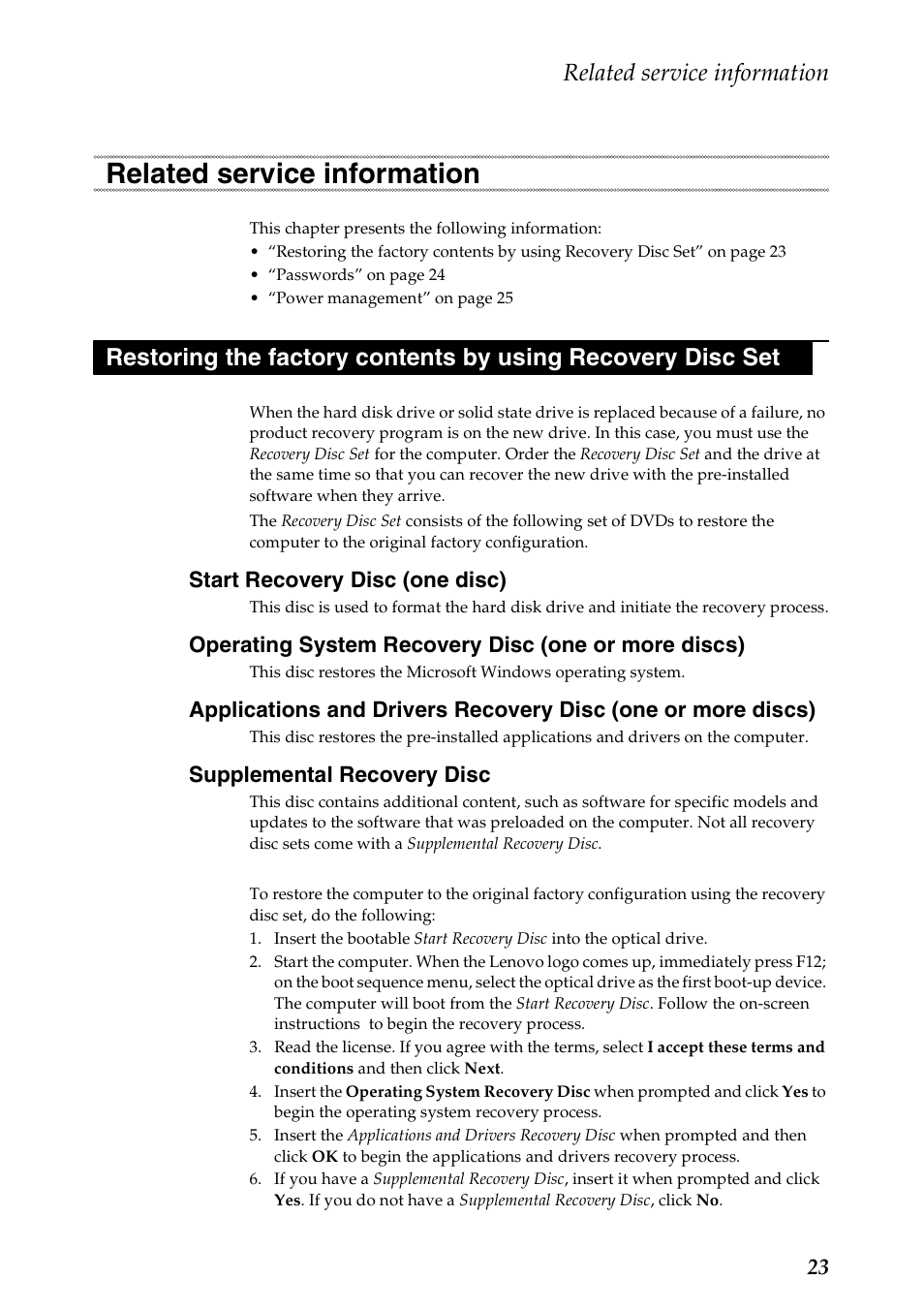 Related service information, Start recovery disc (one disc), Operating system recovery disc (one or more discs) | Supplemental recovery disc | Lenovo IdeaPad S210 Touch Notebook User Manual | Page 27 / 90