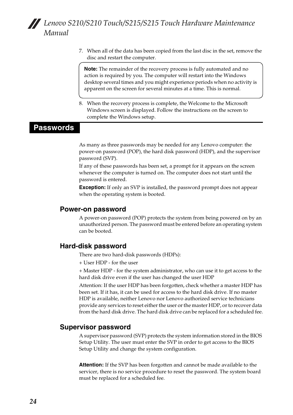 Passwords, Power-on password, Hard-disk password | Supervisor password | Lenovo IdeaPad S210 Touch Notebook User Manual | Page 28 / 90