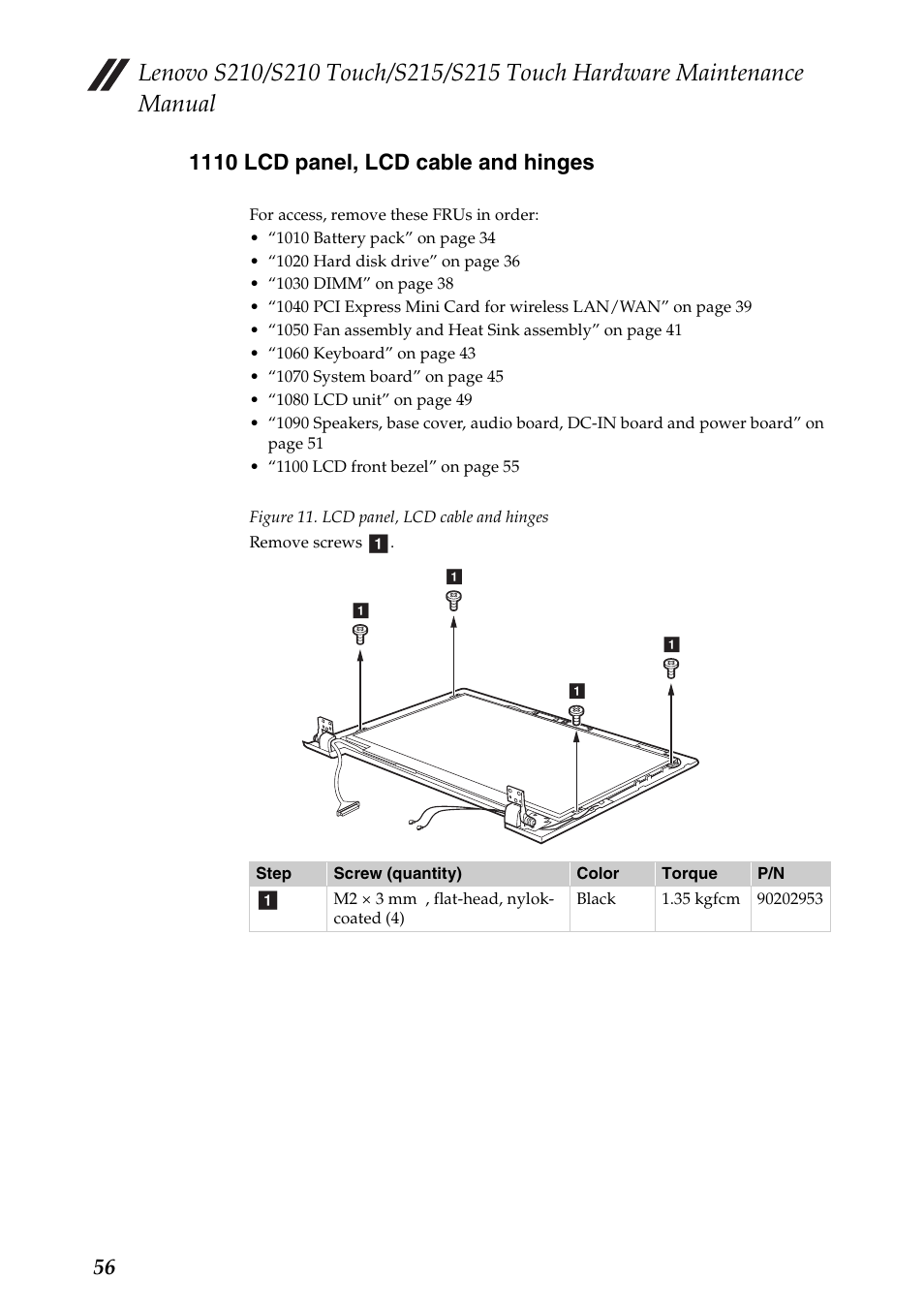 1110 lcd panel, lcd cable and hinges | Lenovo IdeaPad S210 Touch Notebook User Manual | Page 60 / 90