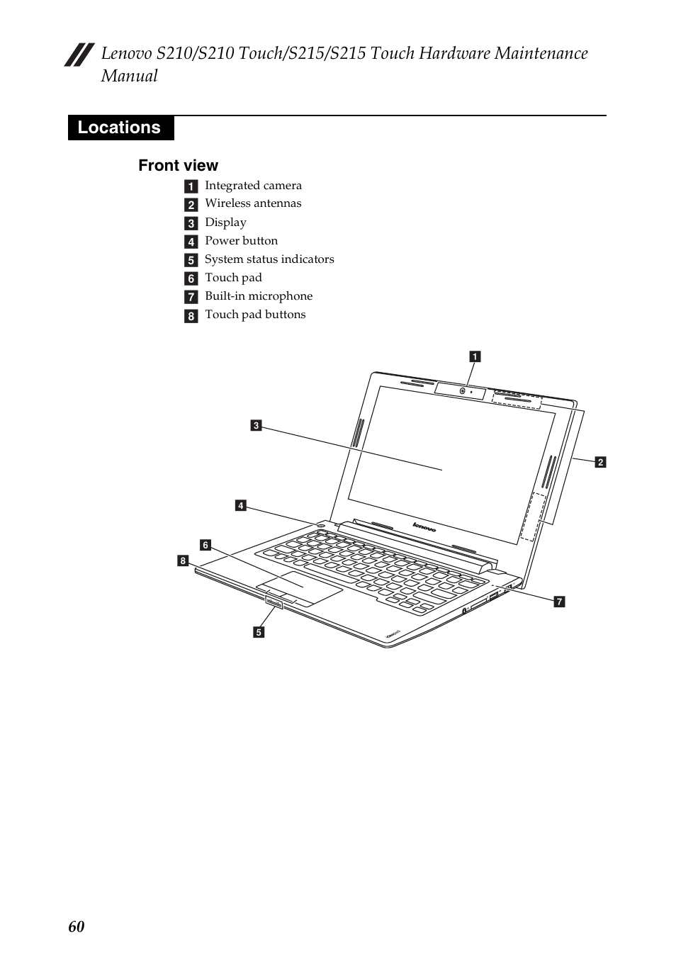 Locations, Front view, 60 front view | Lenovo IdeaPad S210 Touch Notebook User Manual | Page 64 / 90