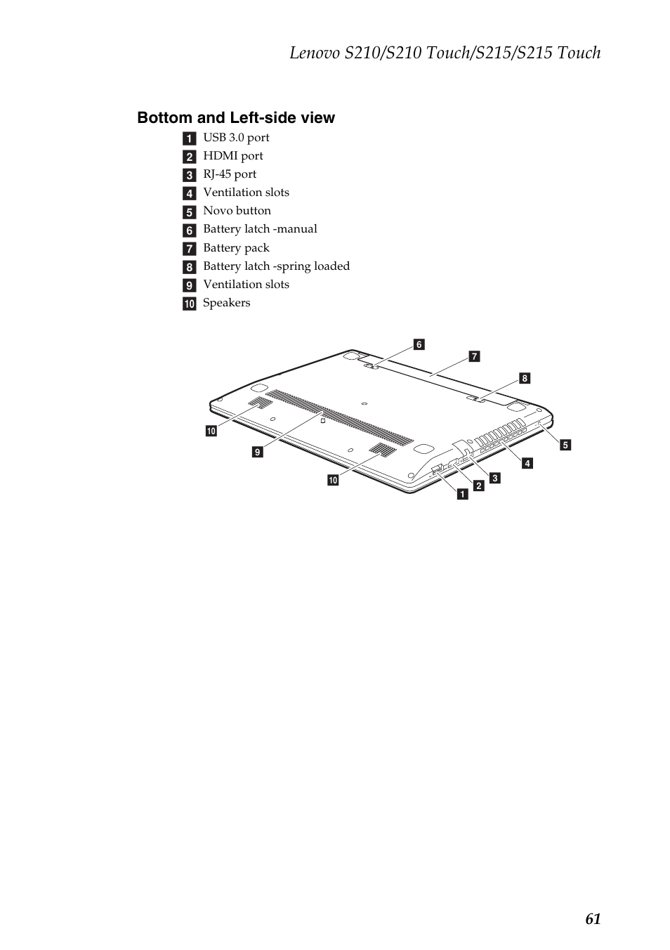 Bottom and left-side view, 61 bottom and left-side view | Lenovo IdeaPad S210 Touch Notebook User Manual | Page 65 / 90