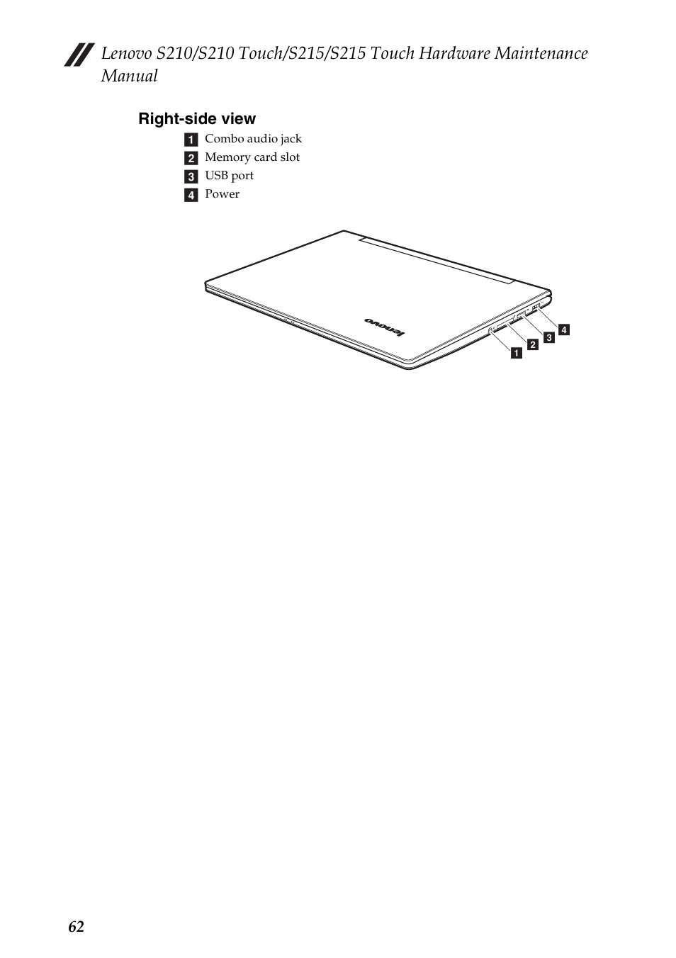 Right-side view, 62 right-side view | Lenovo IdeaPad S210 Touch Notebook User Manual | Page 66 / 90