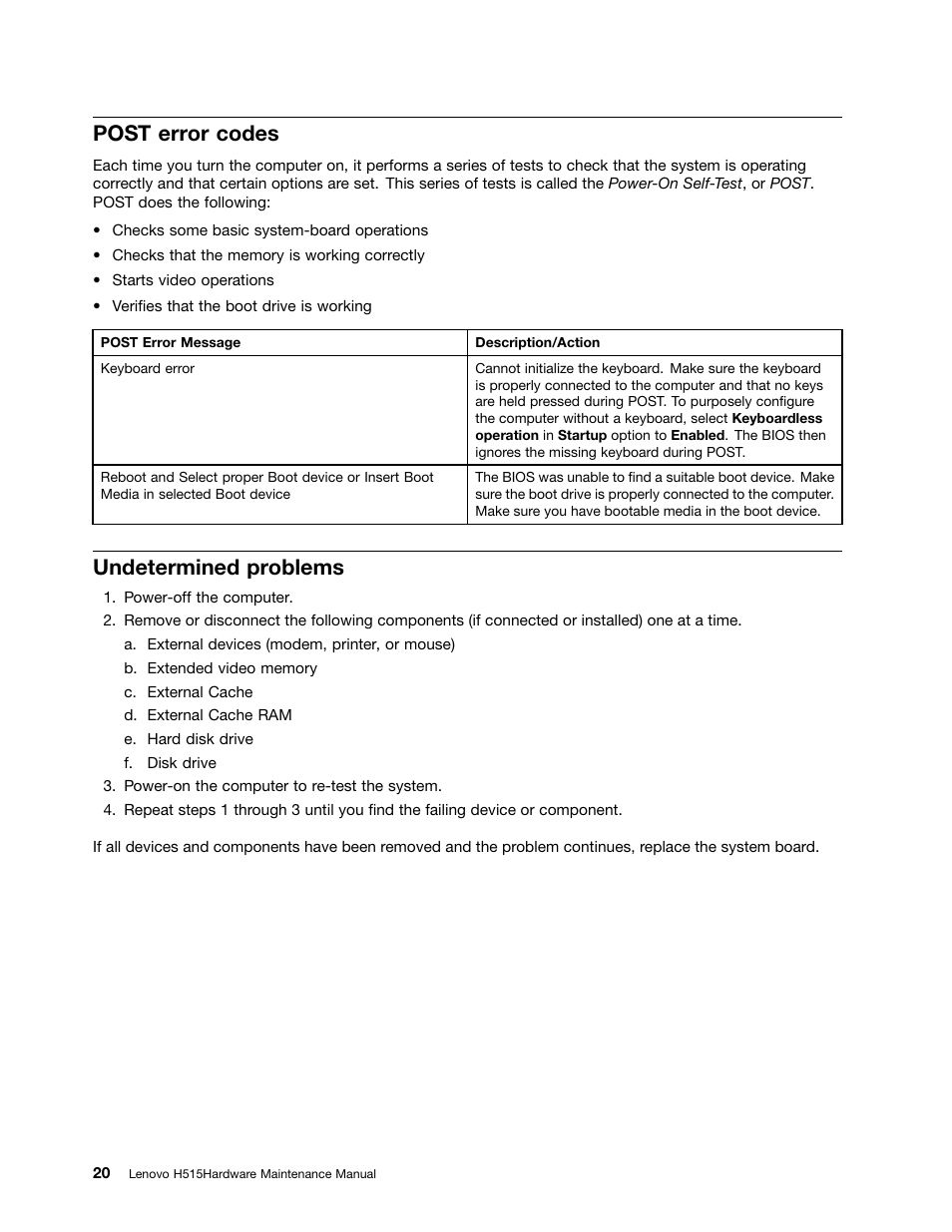 Post error codes, Undetermined problems | Lenovo H515 Desktop User Manual | Page 26 / 61