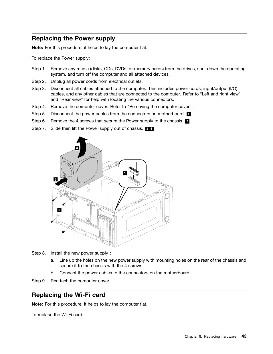 Replacing the power supply, Replacing the wi-fi card | Lenovo H515 Desktop User Manual | Page 49 / 61