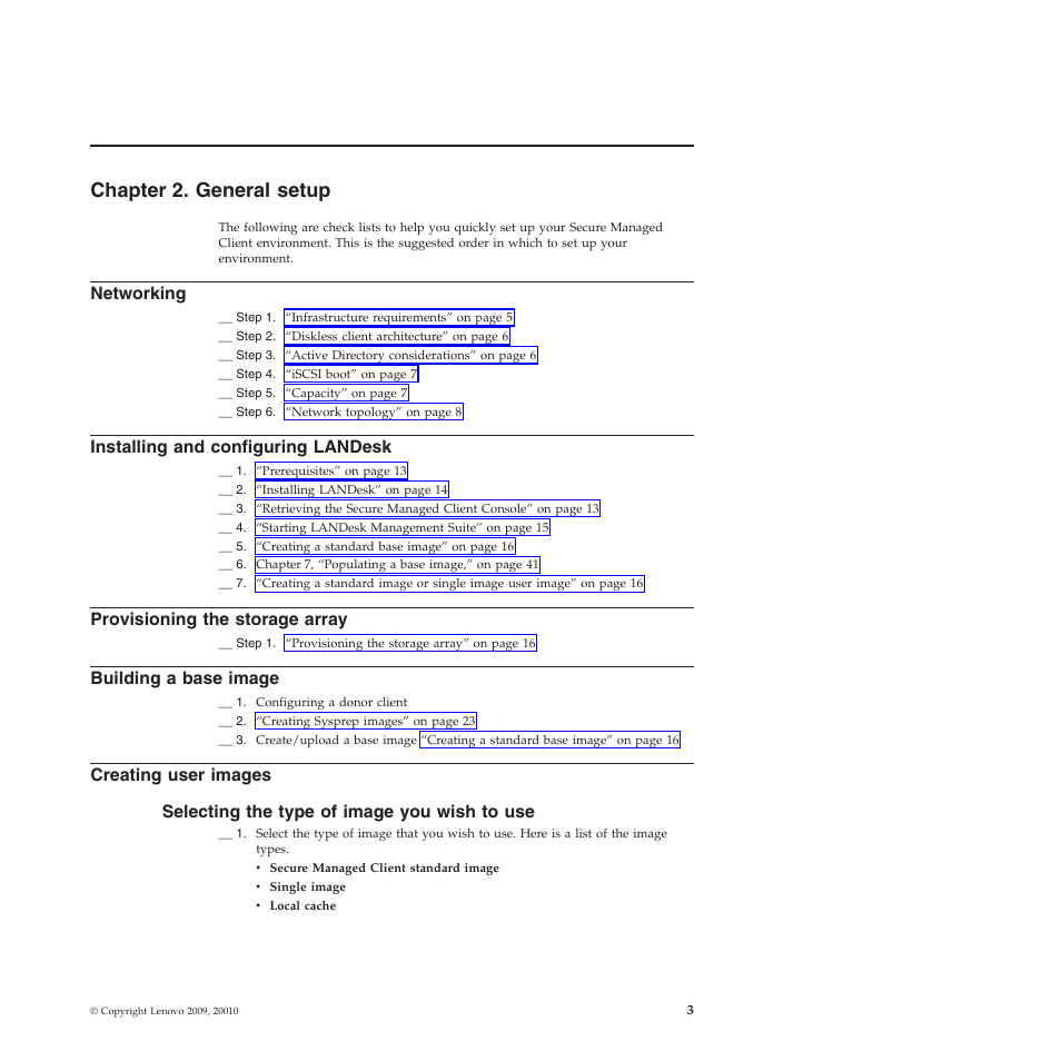 Chapter 2. general setup, Networking, Installing and configuring landesk | Provisioning the storage array, Building a base image, Creating user images, Selecting the type of image you wish to use | Lenovo Secure Managed Client User Manual | Page 11 / 72