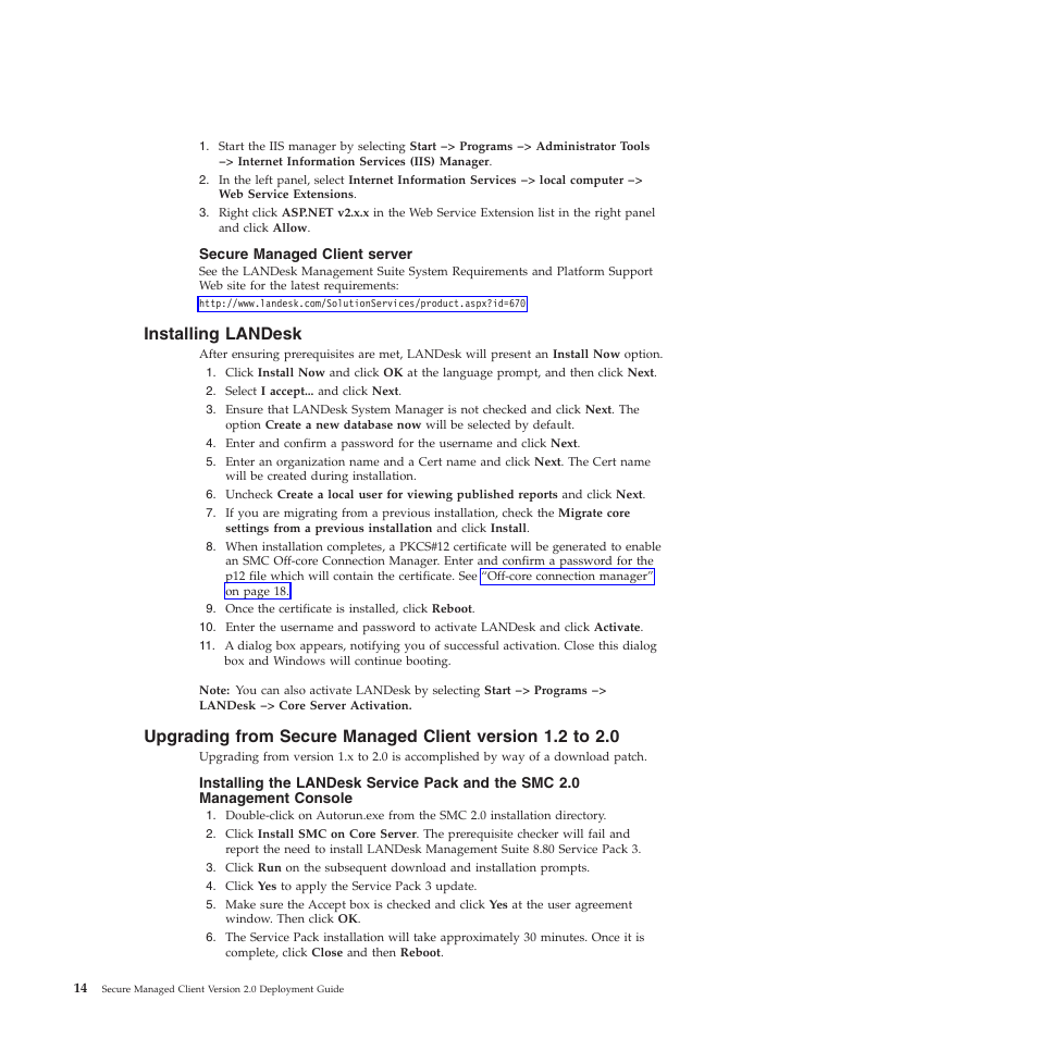 Secure managed client server, Installing landesk | Lenovo Secure Managed Client User Manual | Page 22 / 72