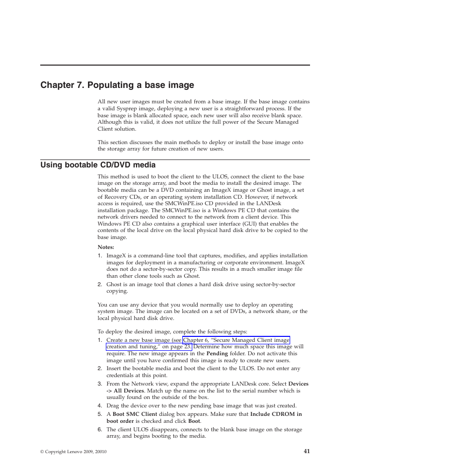 Chapter 7. populating a base image, Using bootable cd/dvd media | Lenovo Secure Managed Client User Manual | Page 49 / 72