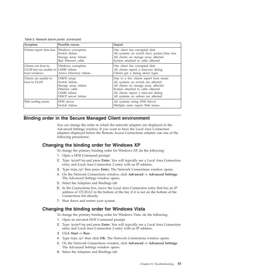 Changing the binding order for windows xp, Changing the binding order for windows vista | Lenovo Secure Managed Client User Manual | Page 63 / 72