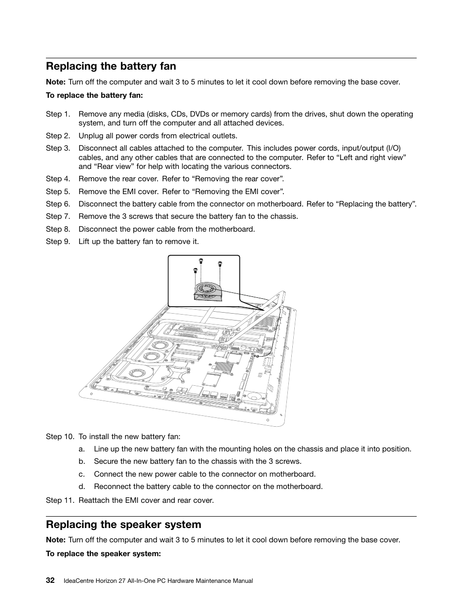 Replacing the battery fan, Replacing the speaker system | Lenovo Horizon 27 Table PC IdeaCentre User Manual | Page 38 / 55