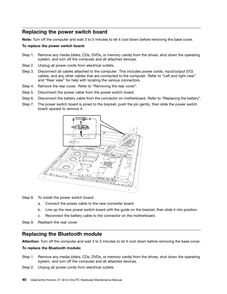 Replacing the power switch board, Replacing the bluetooth module | Lenovo Horizon 27 Table PC IdeaCentre User Manual | Page 46 / 55