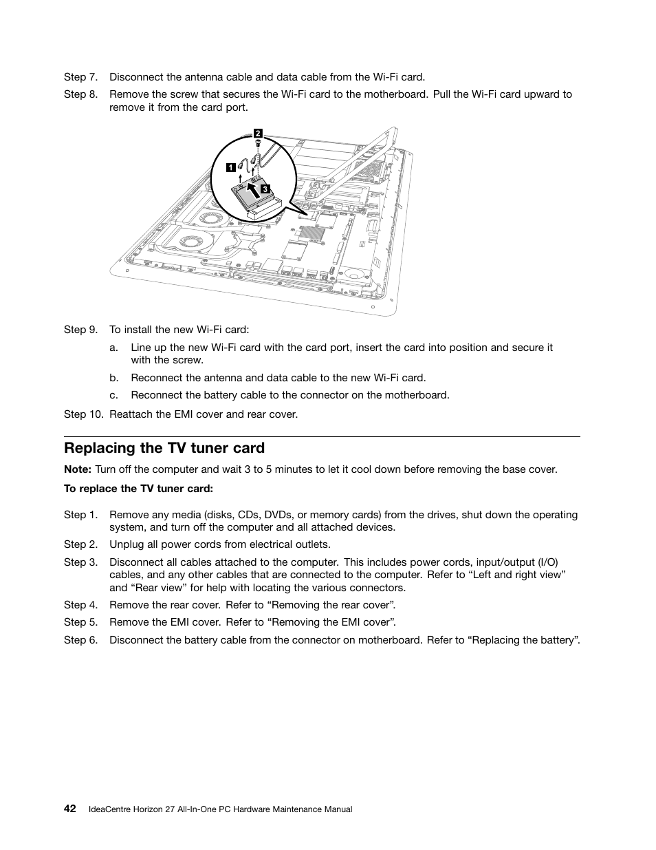 Replacing the tv tuner card | Lenovo Horizon 27 Table PC IdeaCentre User Manual | Page 48 / 55